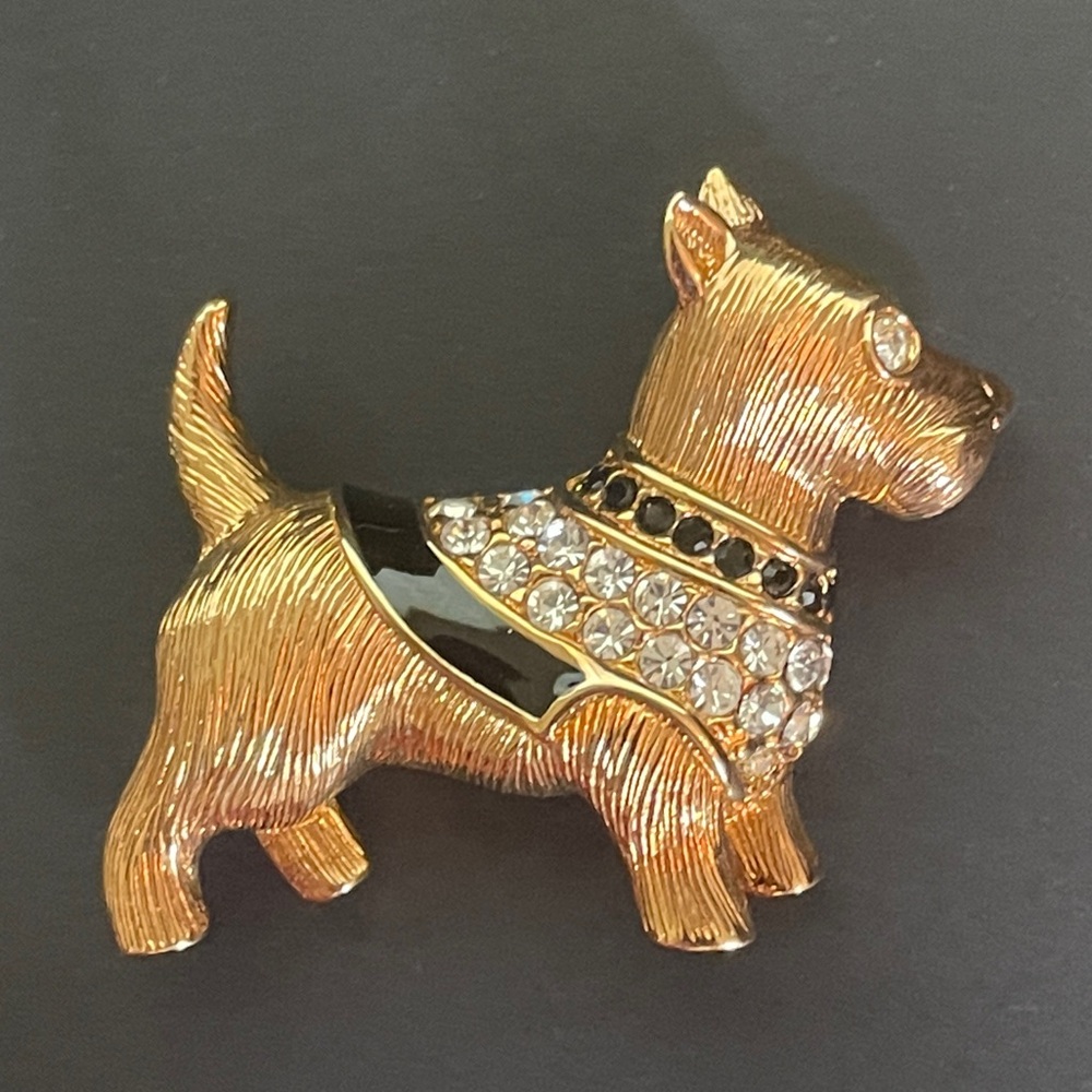 VINTAGE Authentic Swarovski Scottie Dog Black White Crystal Gold Tone Brooch Pin